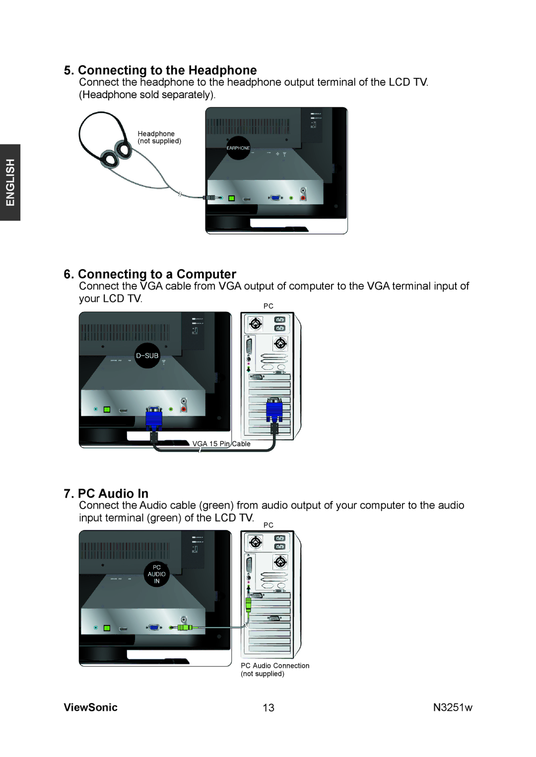 ViewSonic N3251w manual Connecting to the Headphone, Connecting to a Computer, PC Audio 