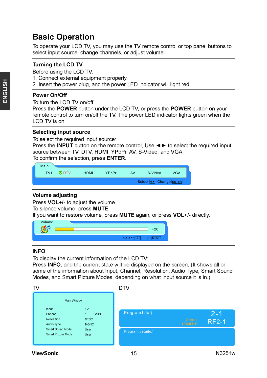 ViewSonic N3251w manual Basic Operation, Turning the LCD TV, Power On/Off, Selecting input source, Volume adjusting 