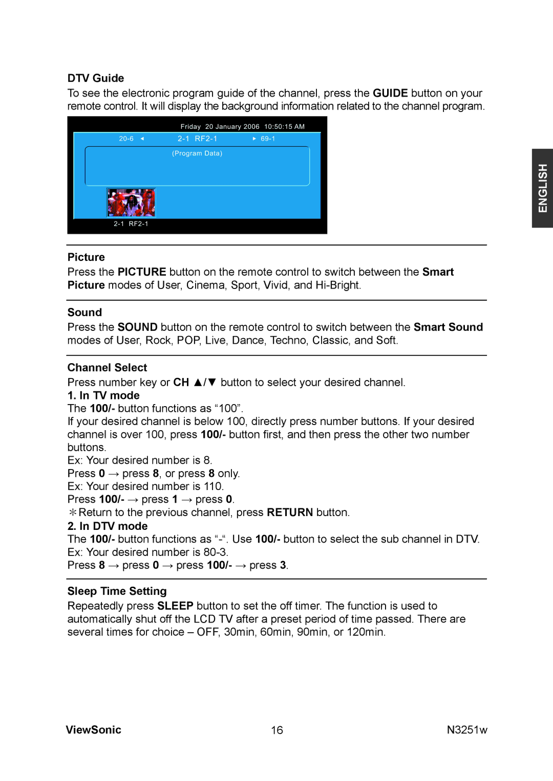 ViewSonic N3251w manual DTV Guide, Picture, Sound, Channel Select, DTV mode, Sleep Time Setting 