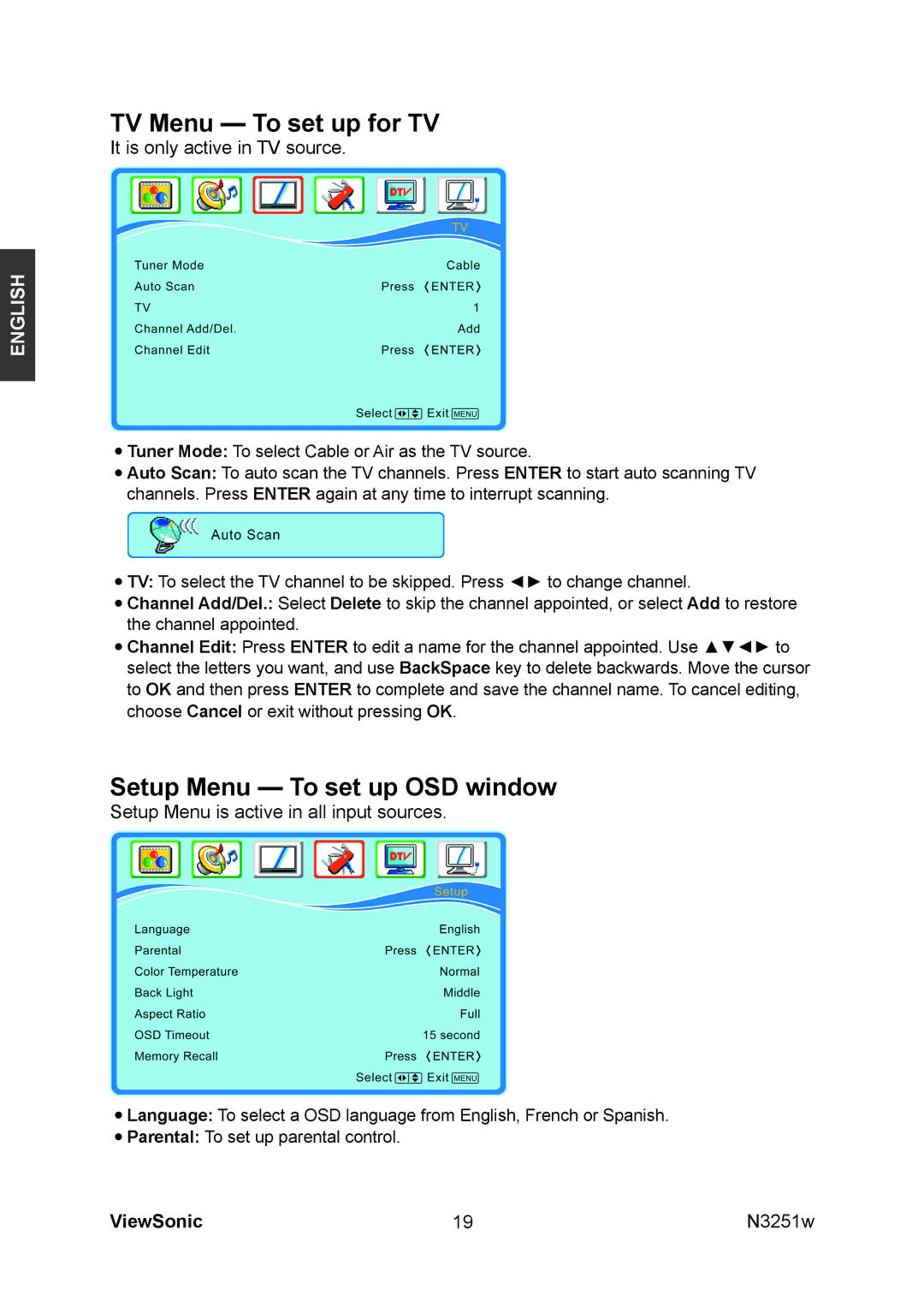 ViewSonic N3251w manual TV Menu To set up for TV, Setup Menu To set up OSD window 