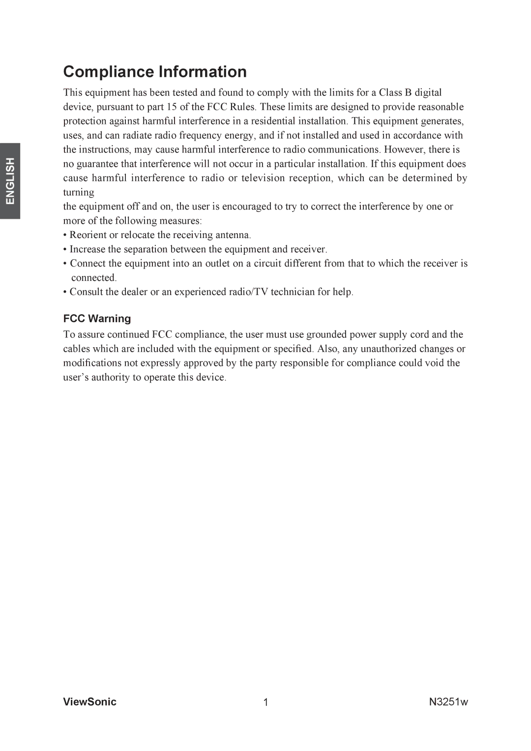 ViewSonic N3251w manual Compliance Information, FCC Warning 