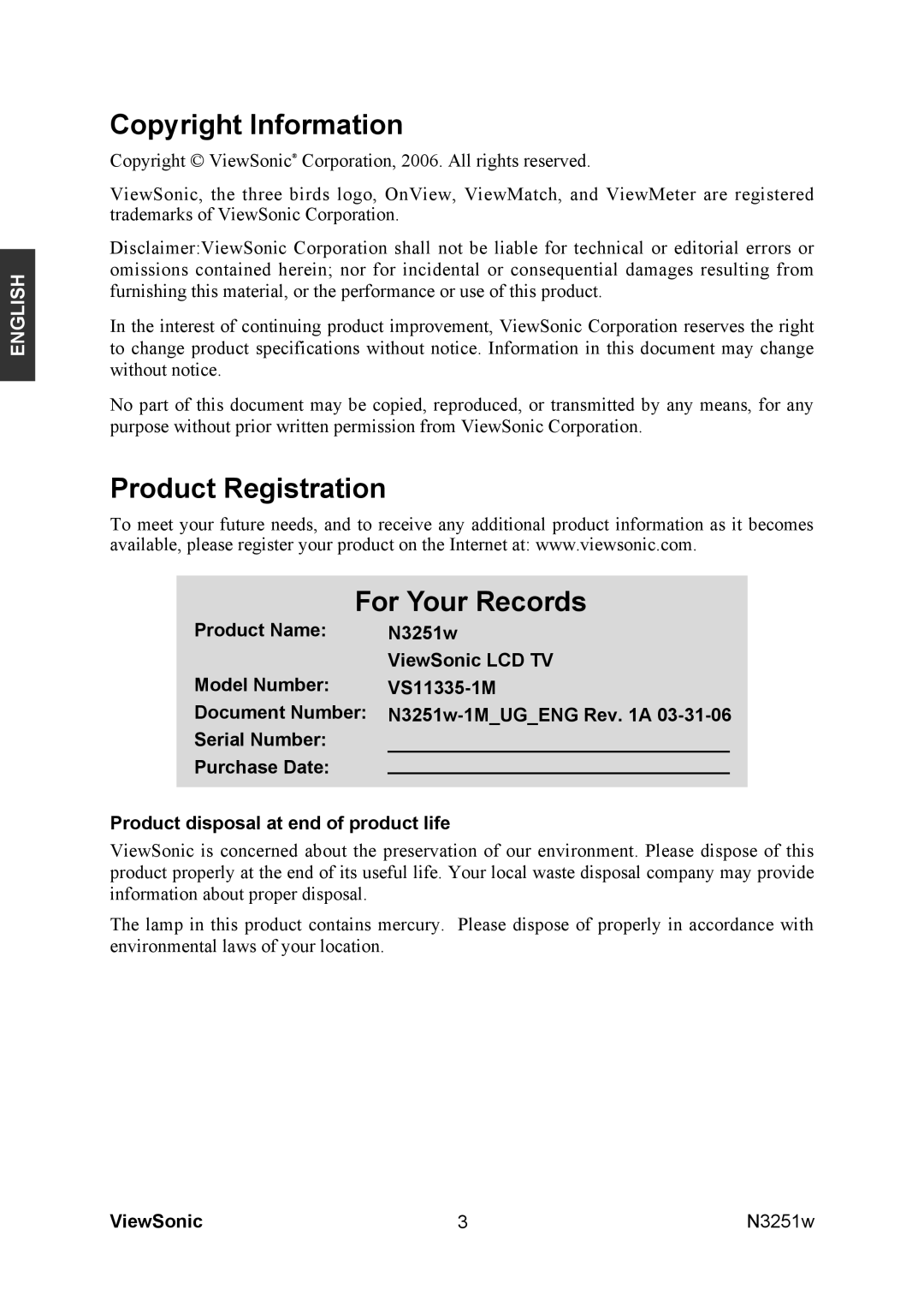 ViewSonic N3251w manual Copyright Information, Product Registration For Your Records 