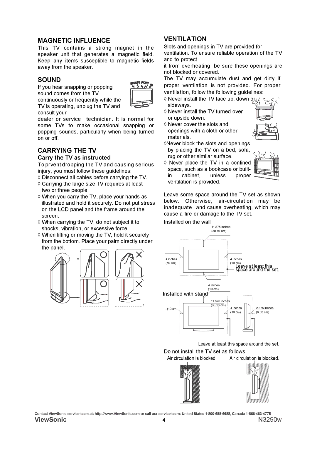 ViewSonic N3290w warranty Magnetic Influence, Sound, Carrying the TV, Ventilation, Carry the TV as instructed 