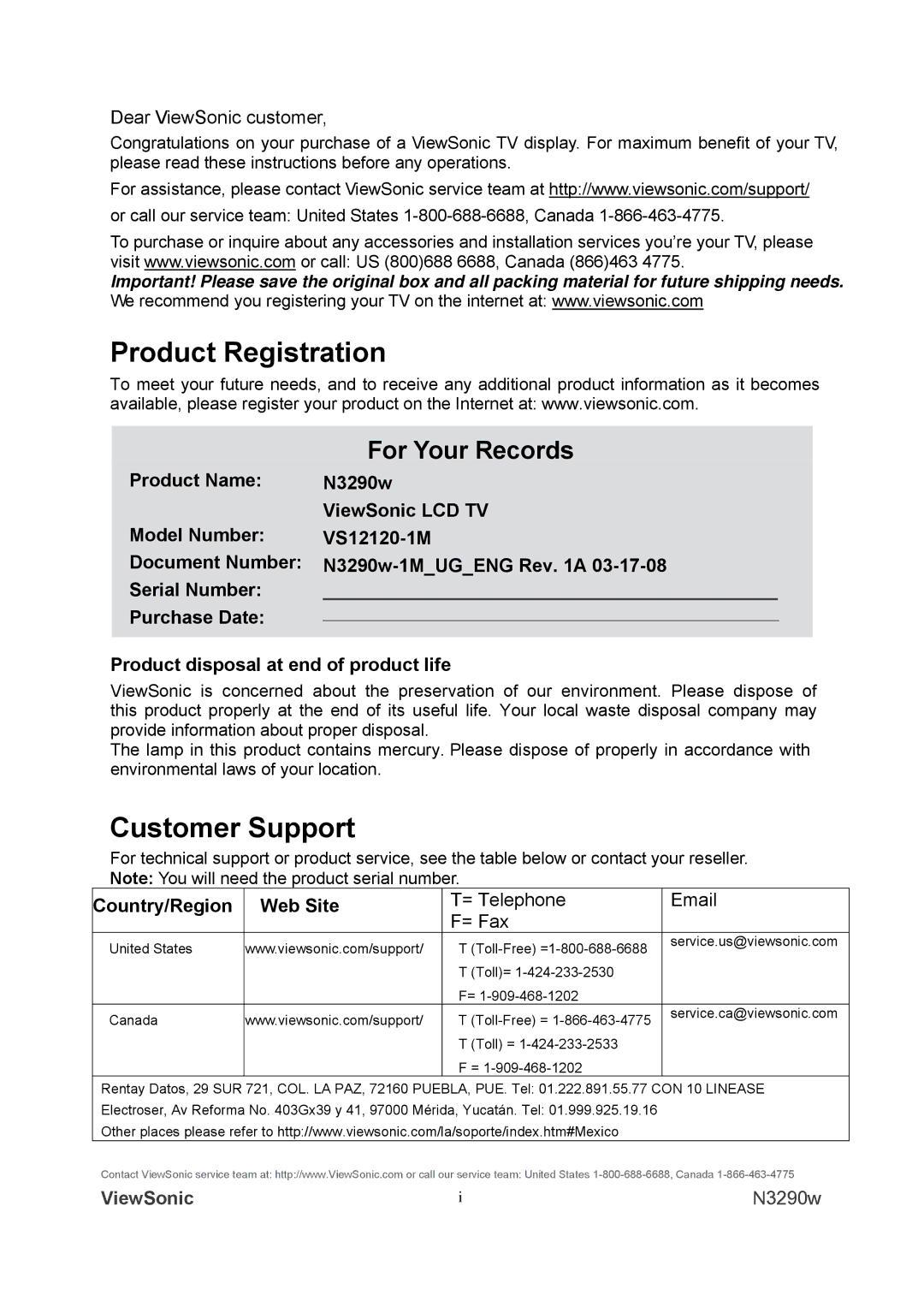 ViewSonic N3290w warranty Product Registration, Customer Support, Country/Region Web Site 