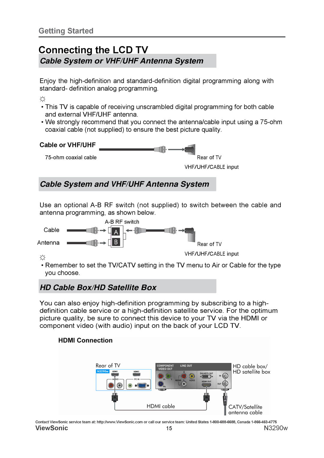 ViewSonic N3290w Connecting the LCD TV, Cable System or VHF/UHF Antenna System, Cable System and VHF/UHF Antenna System 