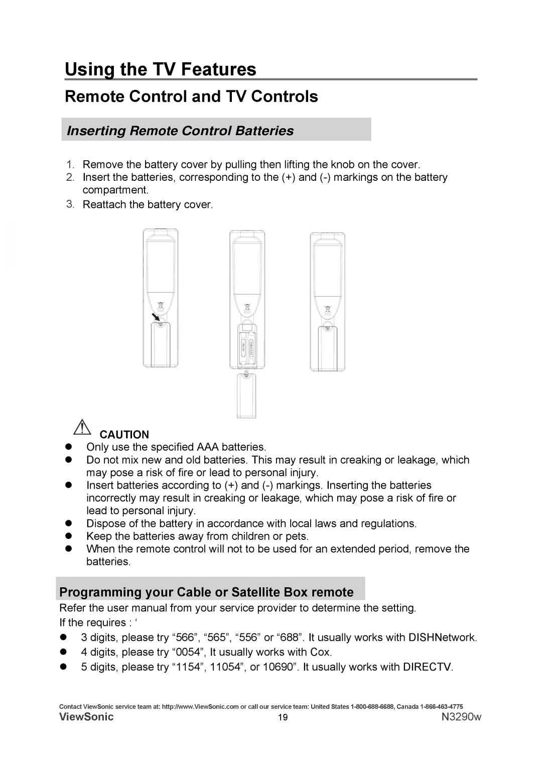 ViewSonic N3290w warranty Remote Control and TV Controls, Inserting Remote Control Batteries 