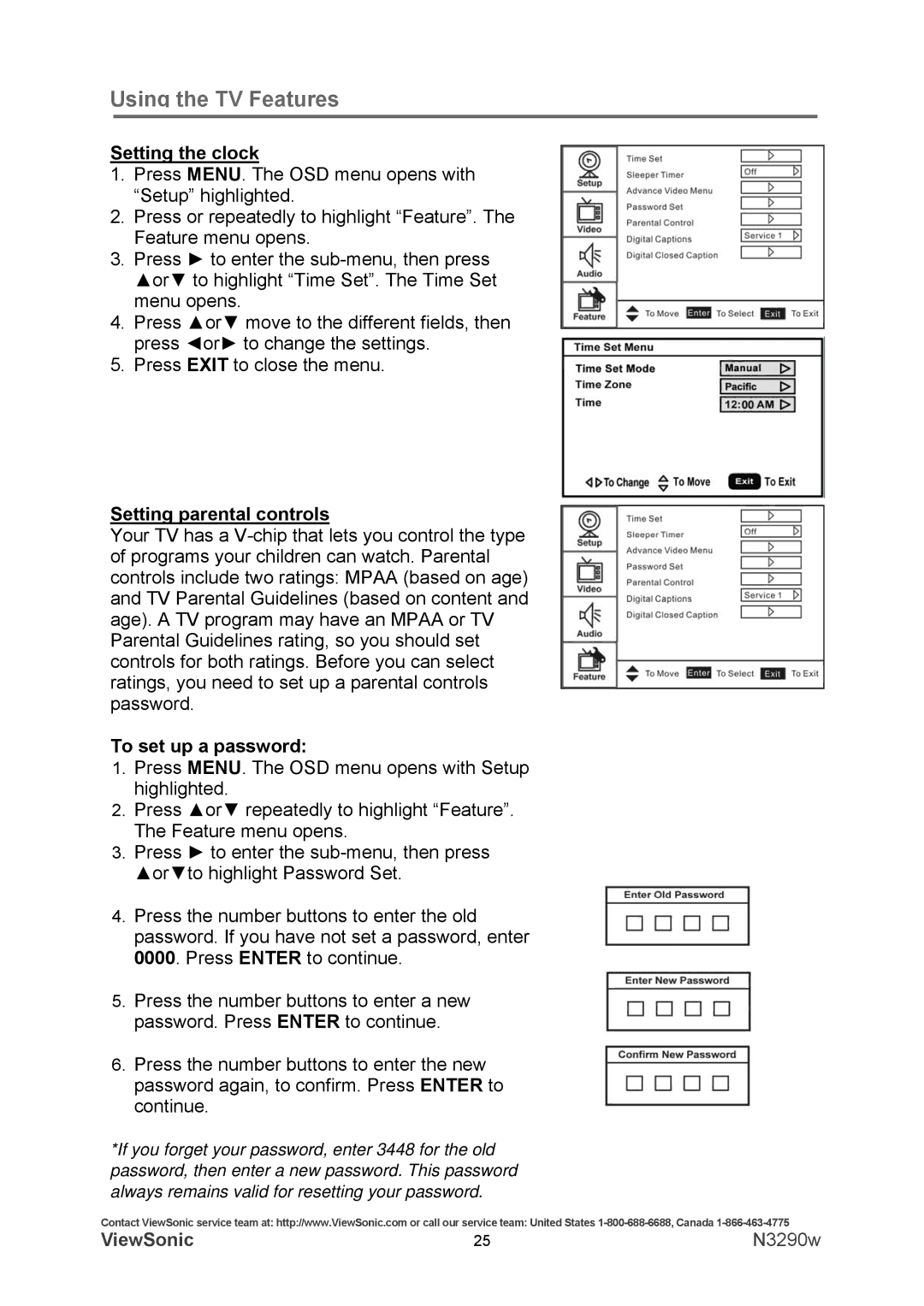 ViewSonic N3290w warranty Setting the clock, Setting parental controls, To set up a password 