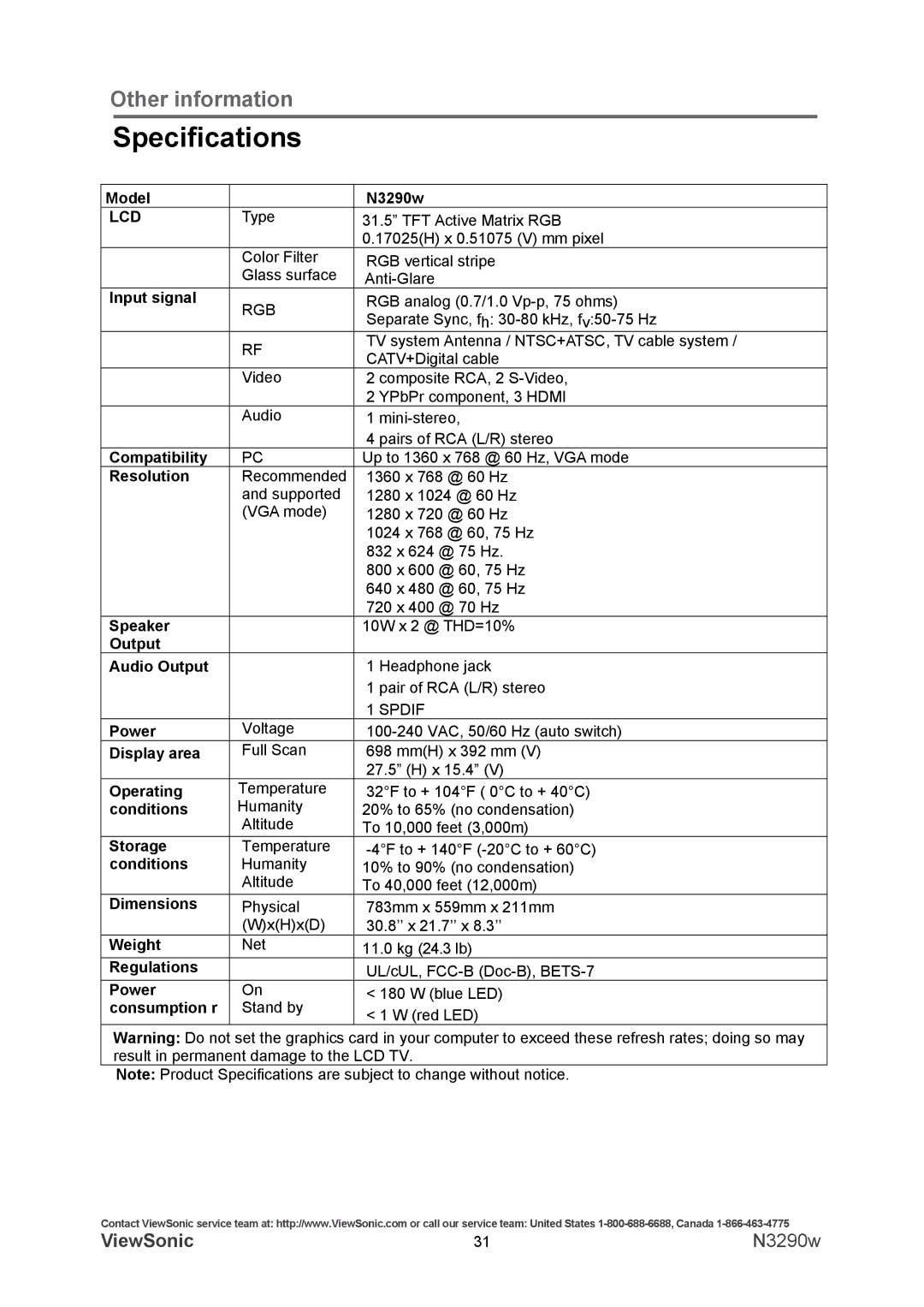 ViewSonic N3290w warranty Speciﬁcations, Lcd 