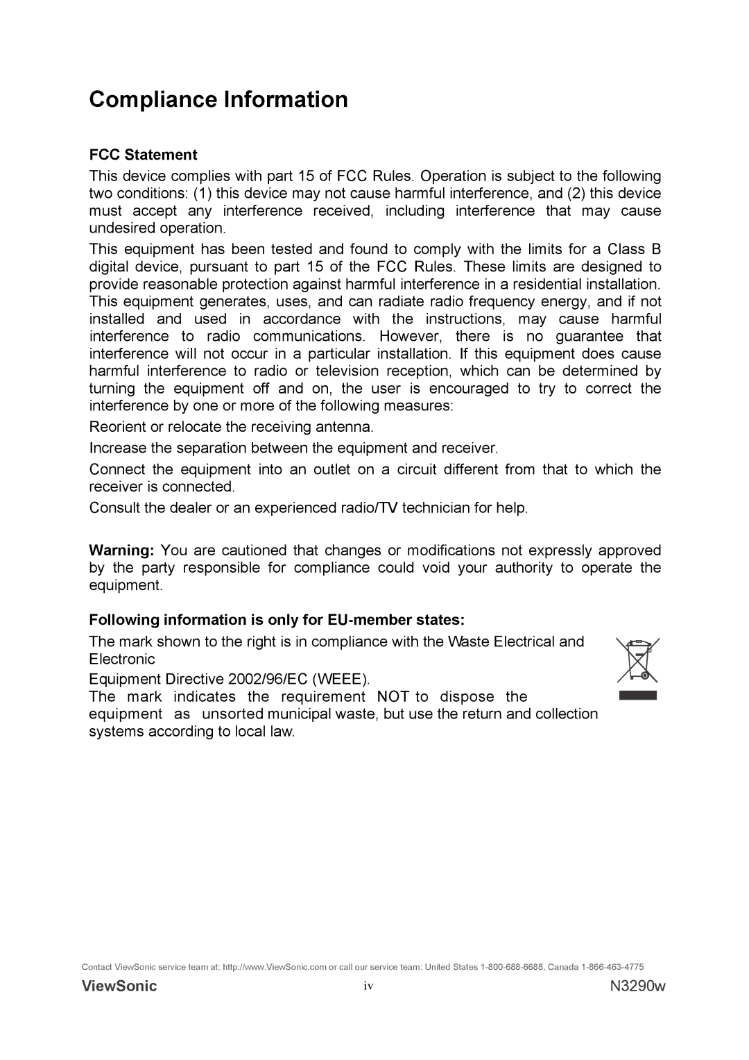 ViewSonic N3290w warranty Compliance Information, FCC Statement, Following information is only for EU-member states 