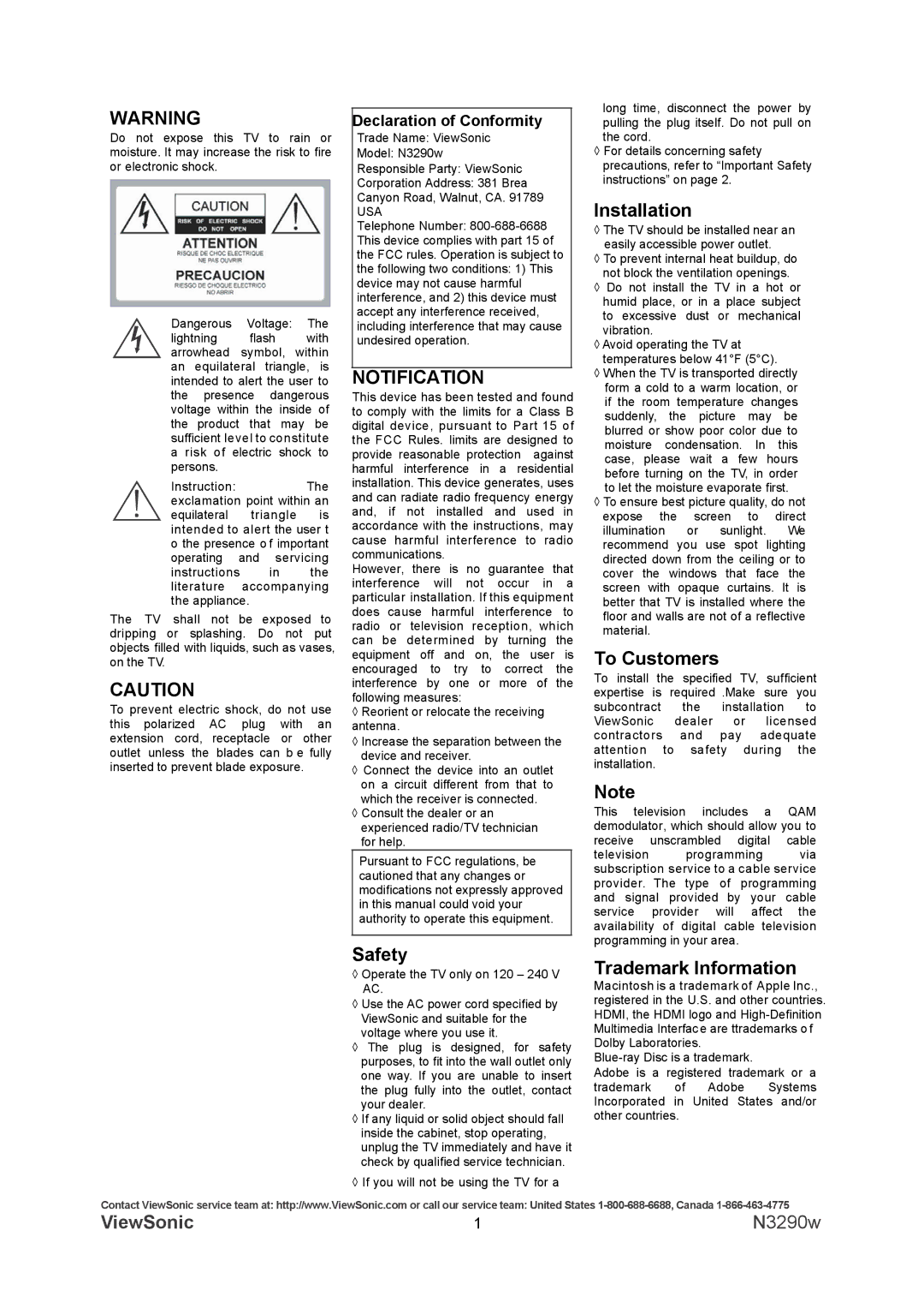 ViewSonic N3290w warranty Notification, Safety, Installation, To Customers, Trademark Information 