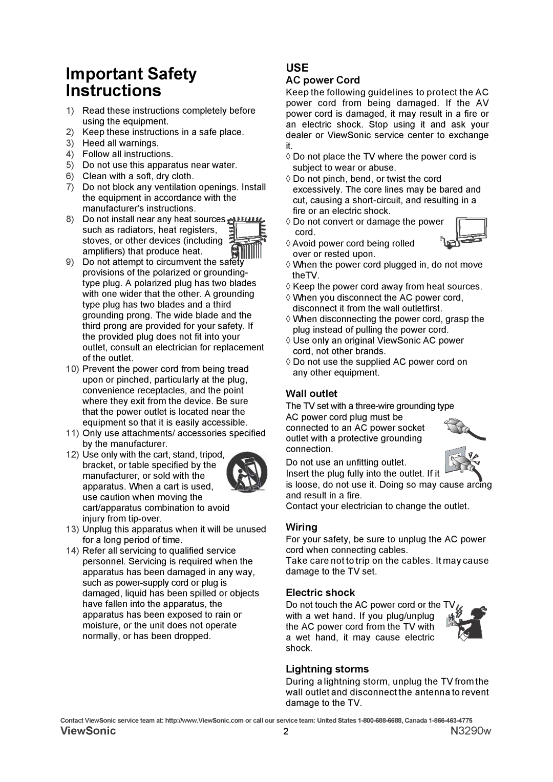 ViewSonic N3290w warranty Important Safety Instructions, Use 