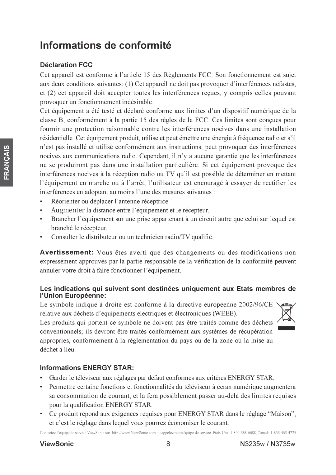 ViewSonic N3235w, N3735w manual Informations de conformité, Déclaration FCC, Informations Energy Star 