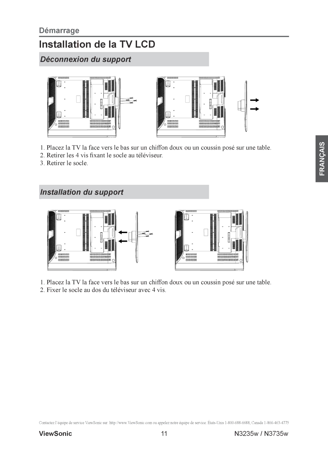 ViewSonic N3735w, N3235w manual Installation de la TV LCD, Déconnexion du support, Installation du support 