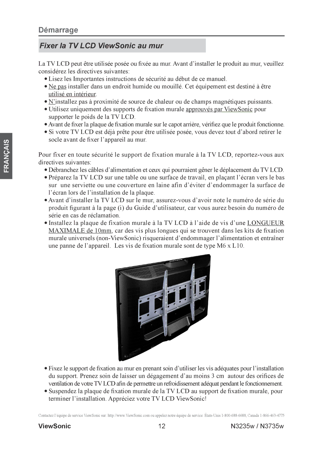 ViewSonic N3235w, N3735w manual Fixer la TV LCD ViewSonic au mur 