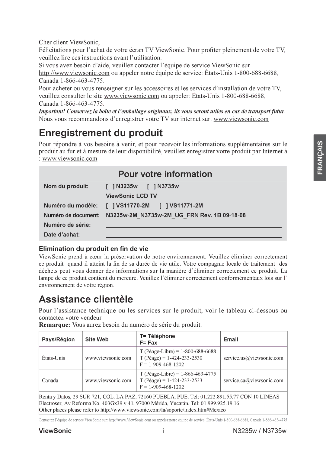 ViewSonic N3735w, N3235w Enregistrement du produit, Assistance clientèle, Elimination du produit en fin de vie, ViewSonic 