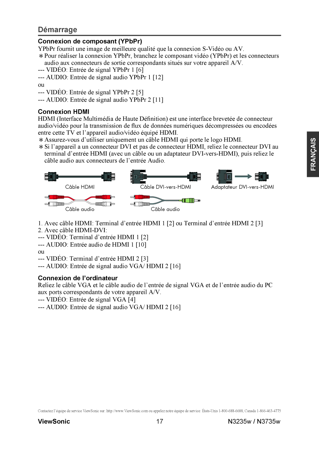 ViewSonic N3735w, N3235w manual Connexion de composant YPbPr, Connexion Hdmi, Connexion de l’ordinateur 