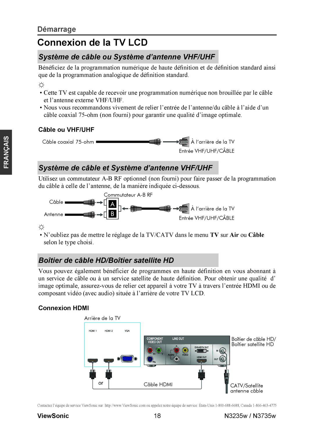 ViewSonic N3235w, N3735w manual Connexion de la TV LCD, Système de câble ou Système d’antenne VHF/UHF, Câble ou VHF/UHF 