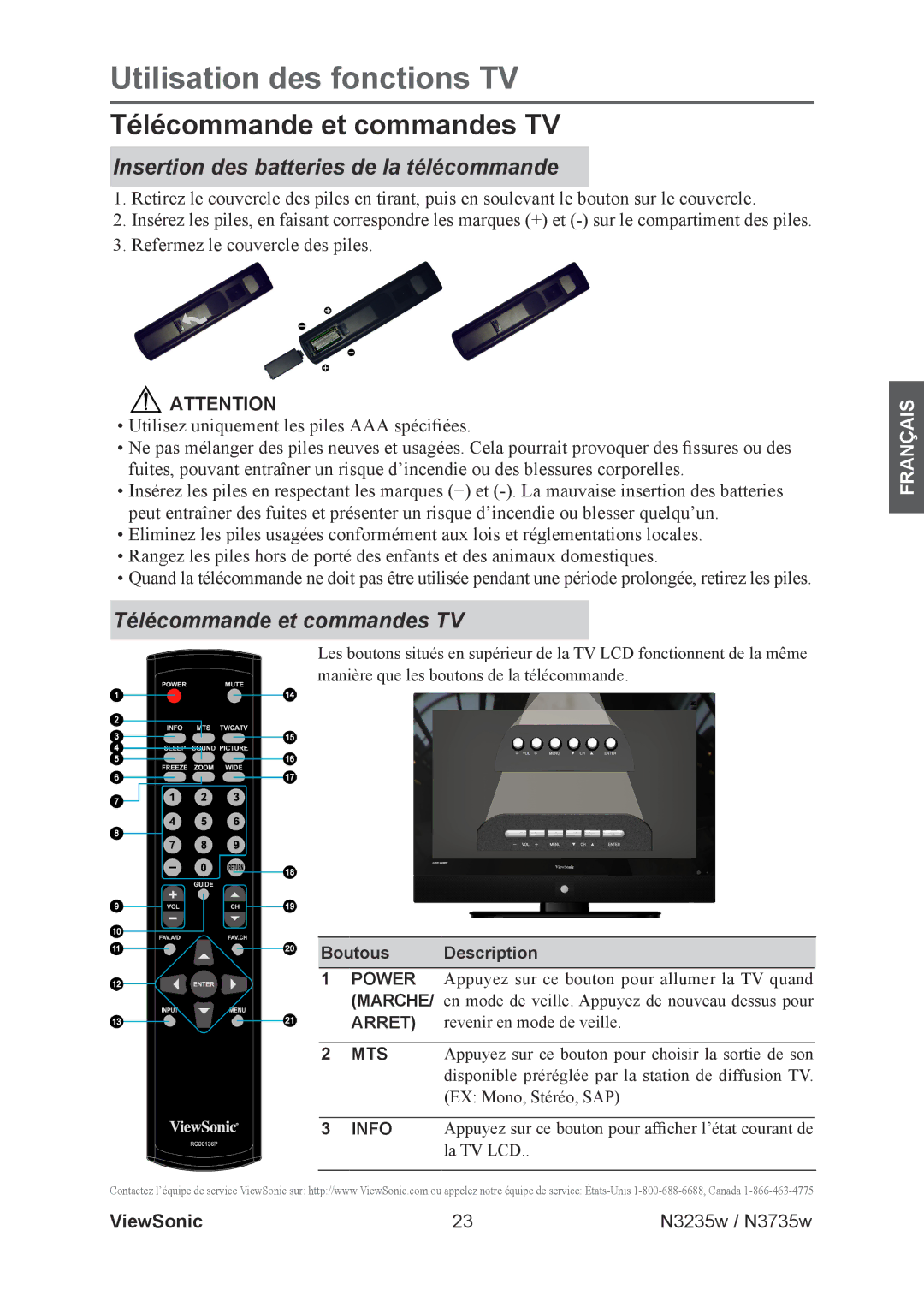 ViewSonic N3735w, N3235w Télécommande et commandes TV, Insertion des batteries de la télécommande, Boutous Description 