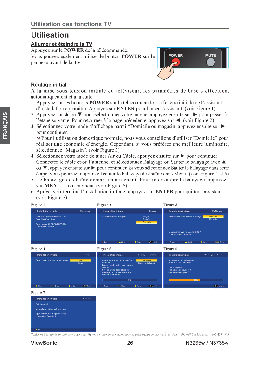 ViewSonic N3235w, N3735w manual Utilisation, Allumer et éteindre la TV, Réglage initial 