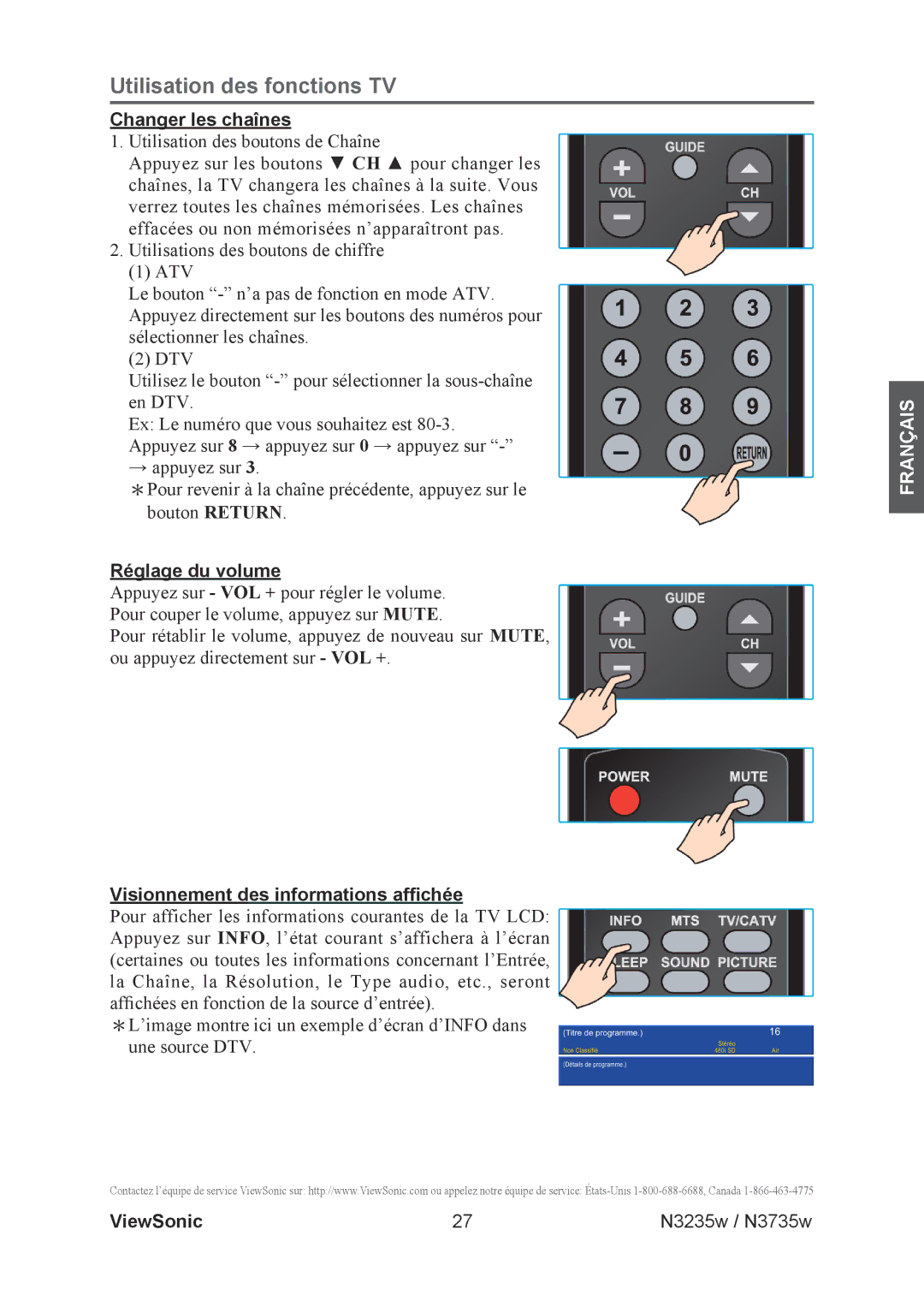 ViewSonic N3735w, N3235w manual Changer les chaînes, Réglage du volume, Visionnement des informations affichée 