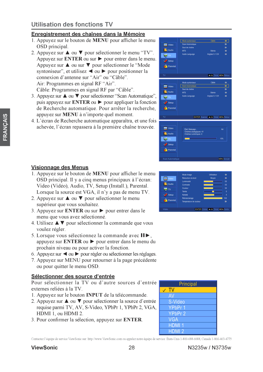 ViewSonic N3235w manual Enregistrement des chaînes dans la Mémoire, Visionnage des Menus, Sélectionner des source d’entrée 