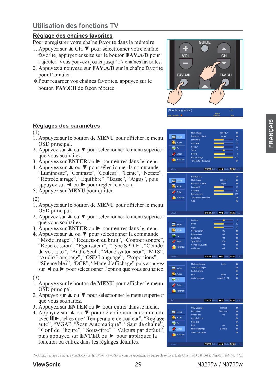 ViewSonic N3735w, N3235w manual Réglage des chaînes favorites, Réglages des paramètres 