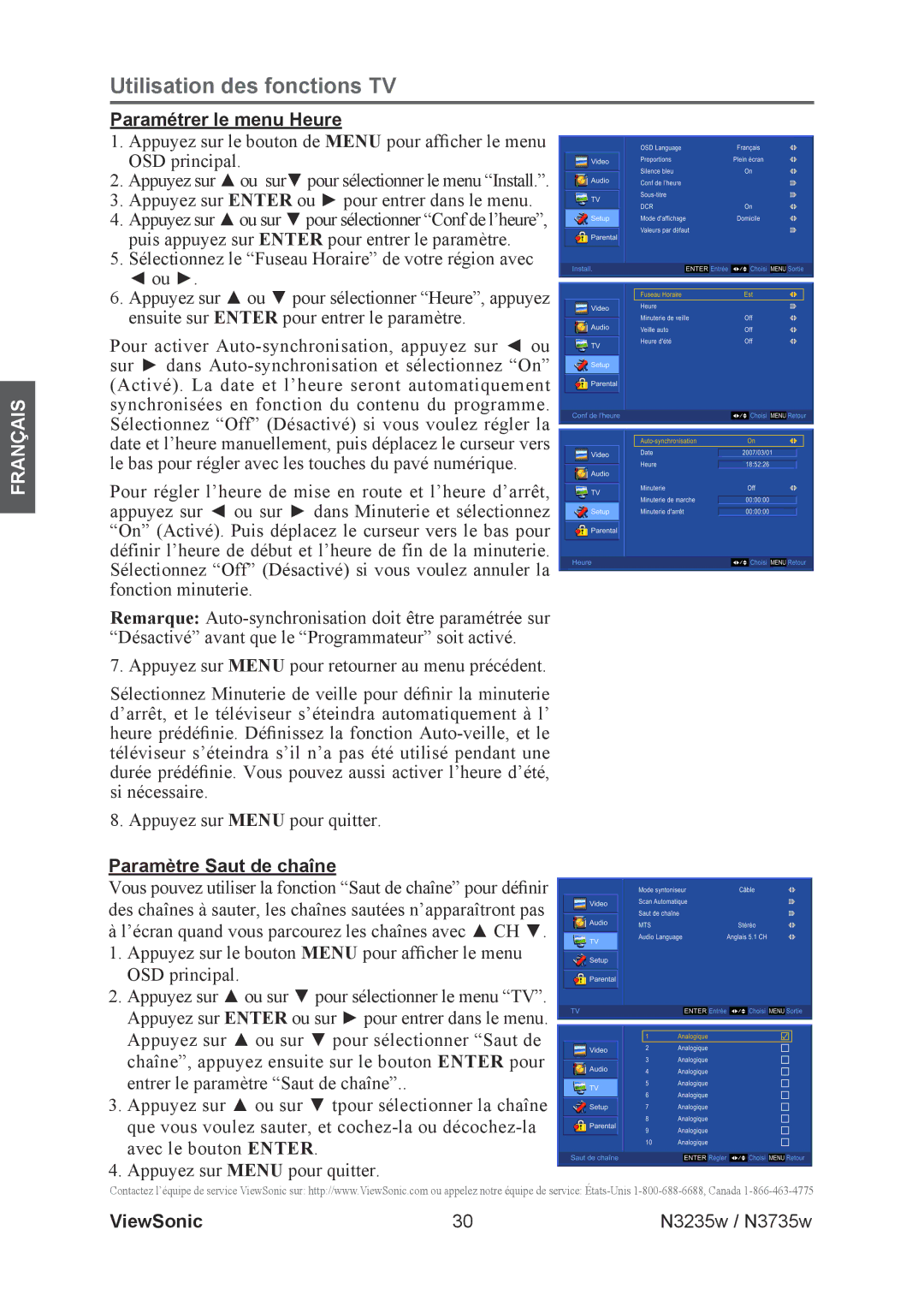 ViewSonic N3235w, N3735w manual Paramétrer le menu Heure, Paramètre Saut de chaîne 