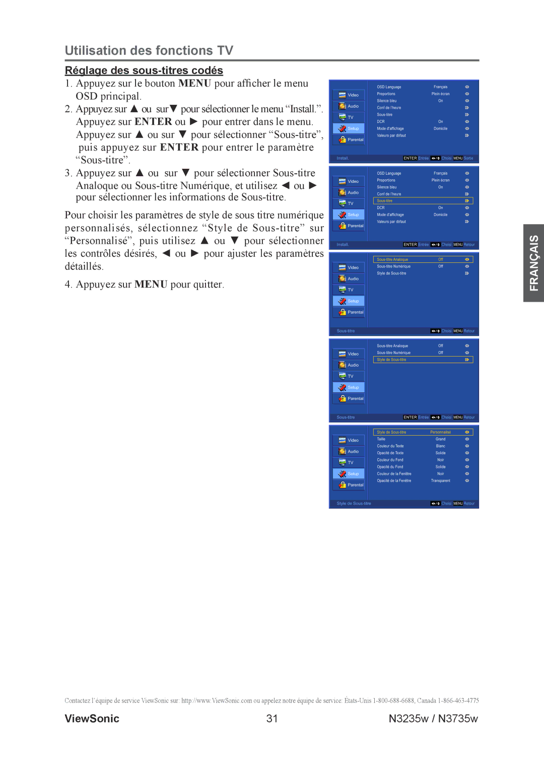 ViewSonic N3735w, N3235w manual Réglage des sous-titres codés 