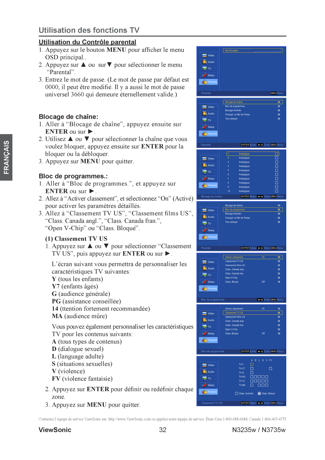 ViewSonic N3235w, N3735w manual Utilisation du Contrôle parental, Blocage de chaîne, Bloc de programmes 