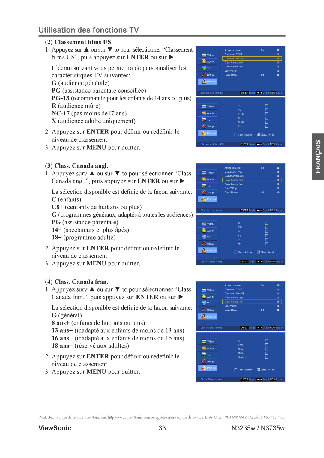ViewSonic N3735w, N3235w manual Classement ﬁlms US 