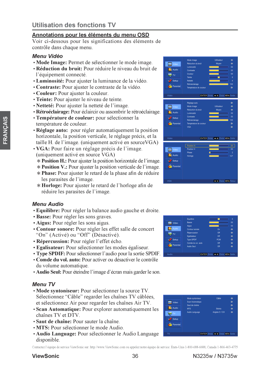 ViewSonic N3235w, N3735w manual Menu Vidéo 