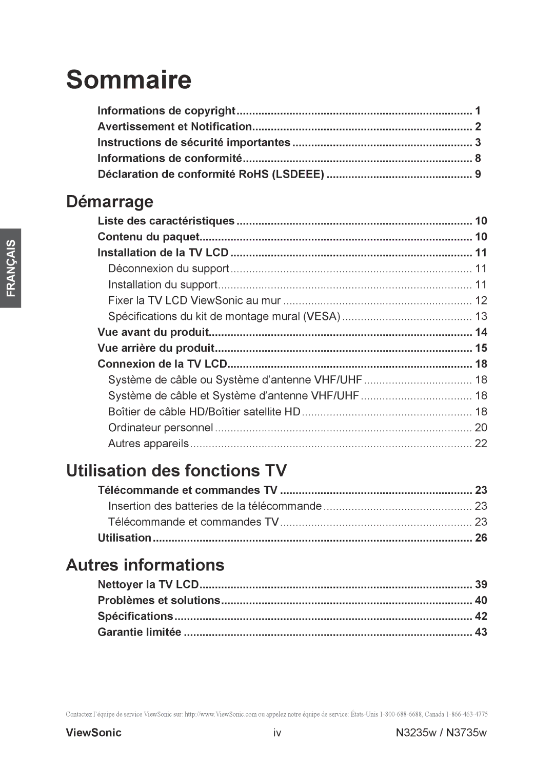 ViewSonic N3235w, N3735w manual Démarrage, Utilisation des fonctions TV, Autres informations 