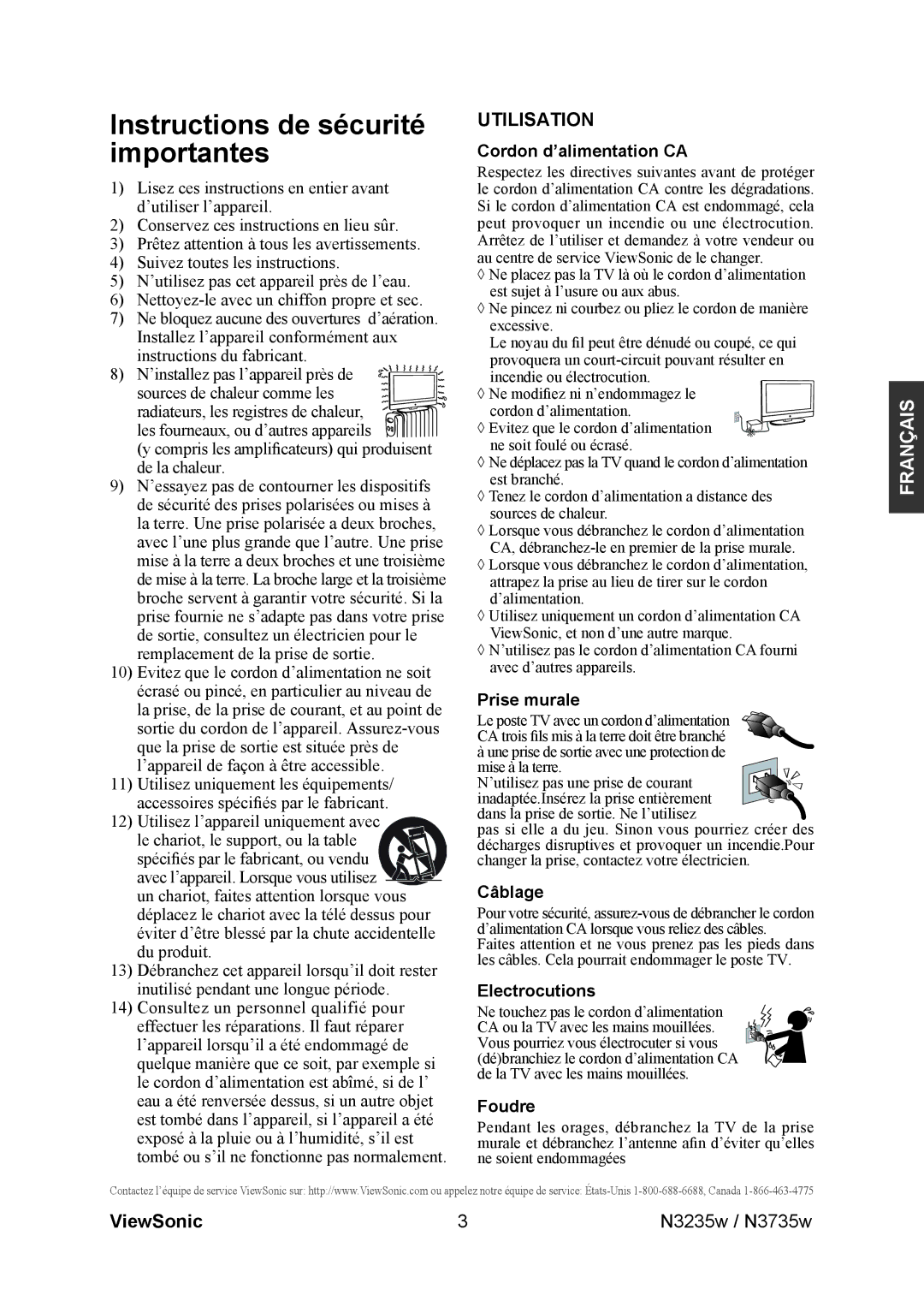 ViewSonic N3735w, N3235w manual Instructions de sécurité importantes 