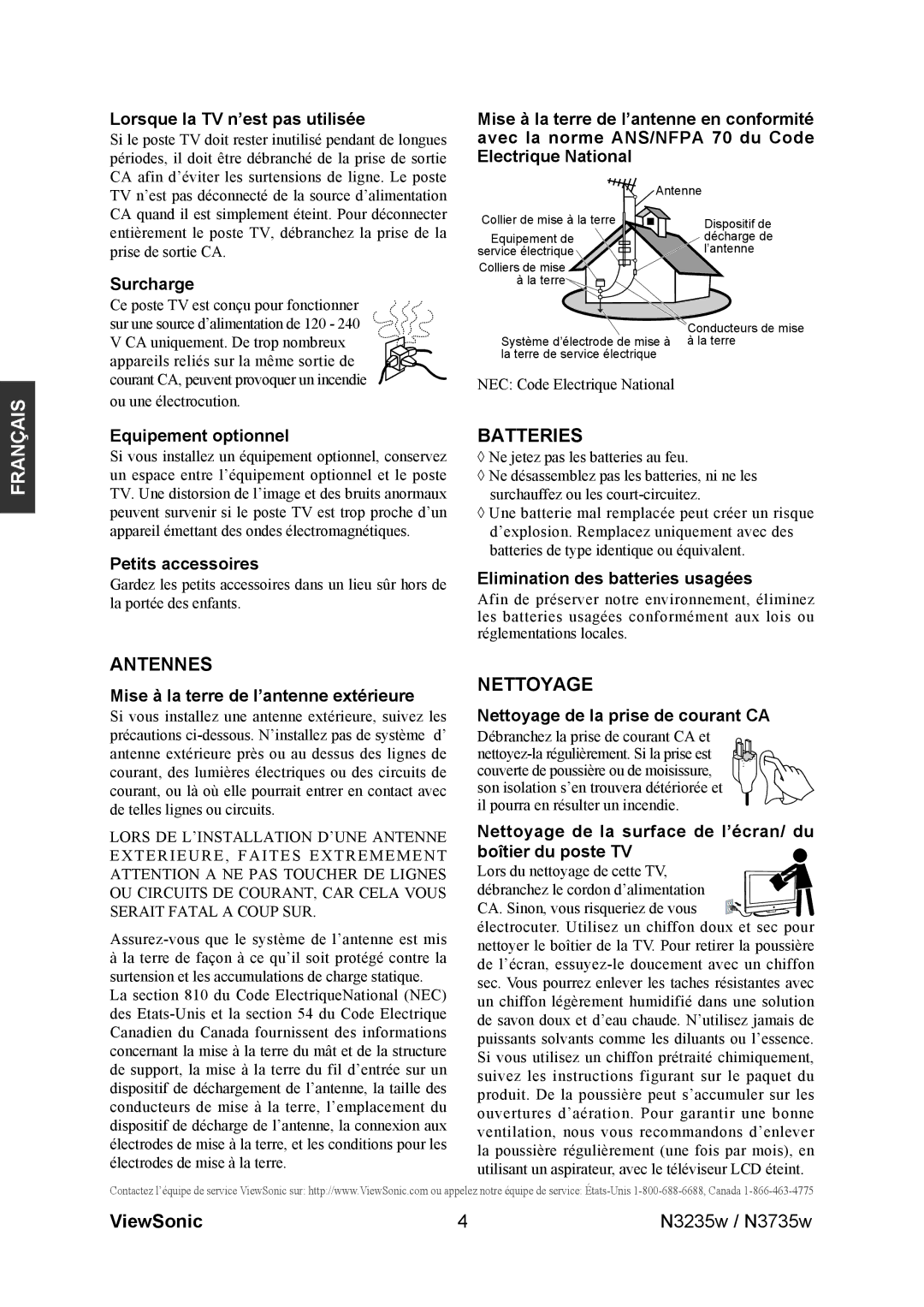 ViewSonic N3235w, N3735w manual Lorsque la TV n’est pas utilisée, Surcharge, Equipement optionnel, Petits accessoires 