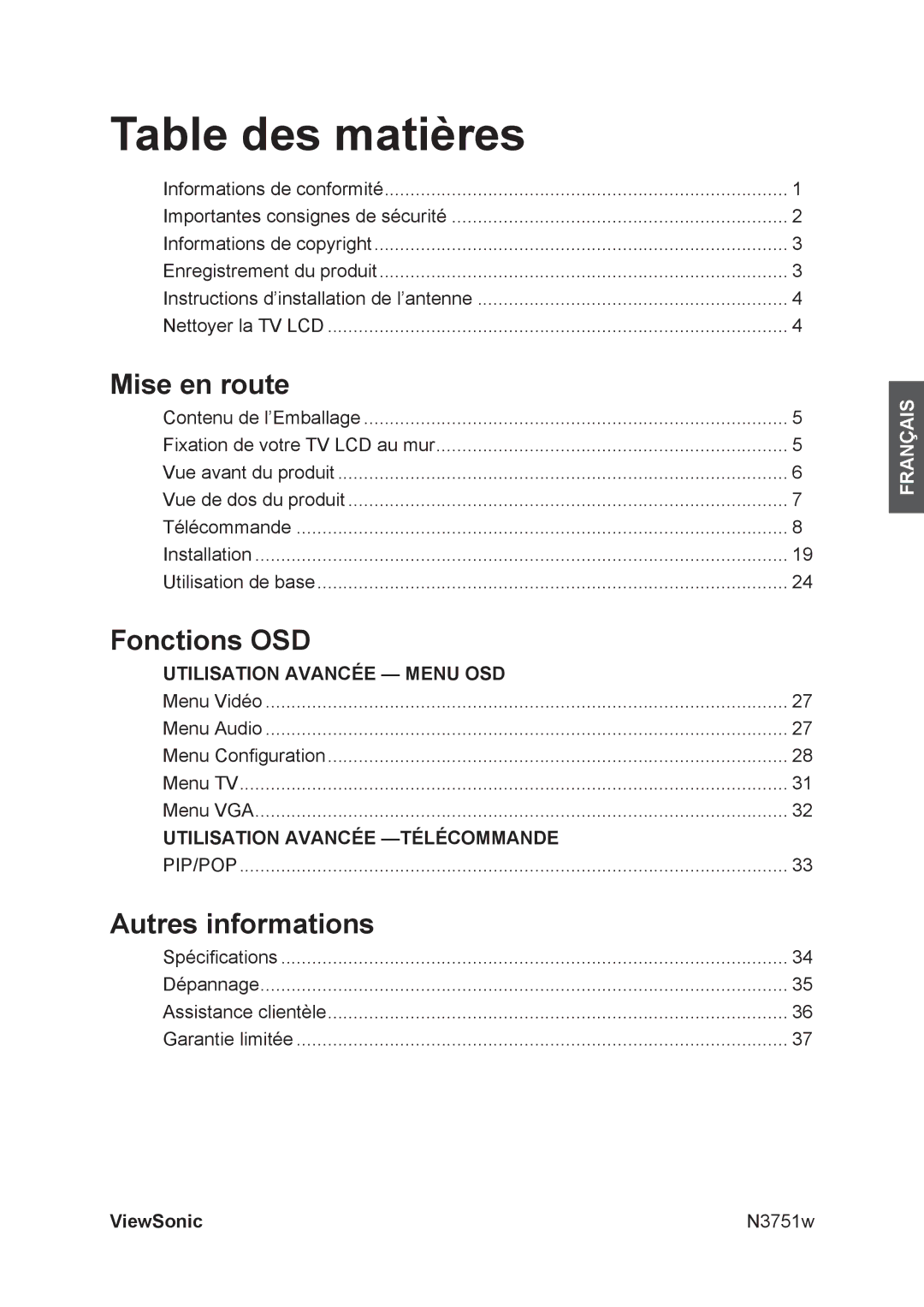 ViewSonic N3751W manual Mise en route, Fonctions OSD, Autres informations, ViewSonic 