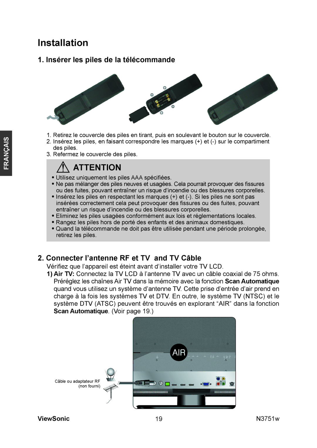 ViewSonic N3751W manual Installation, Insérer les piles de la télécommande, Connecter l’antenne RF et TV and TV Câble 