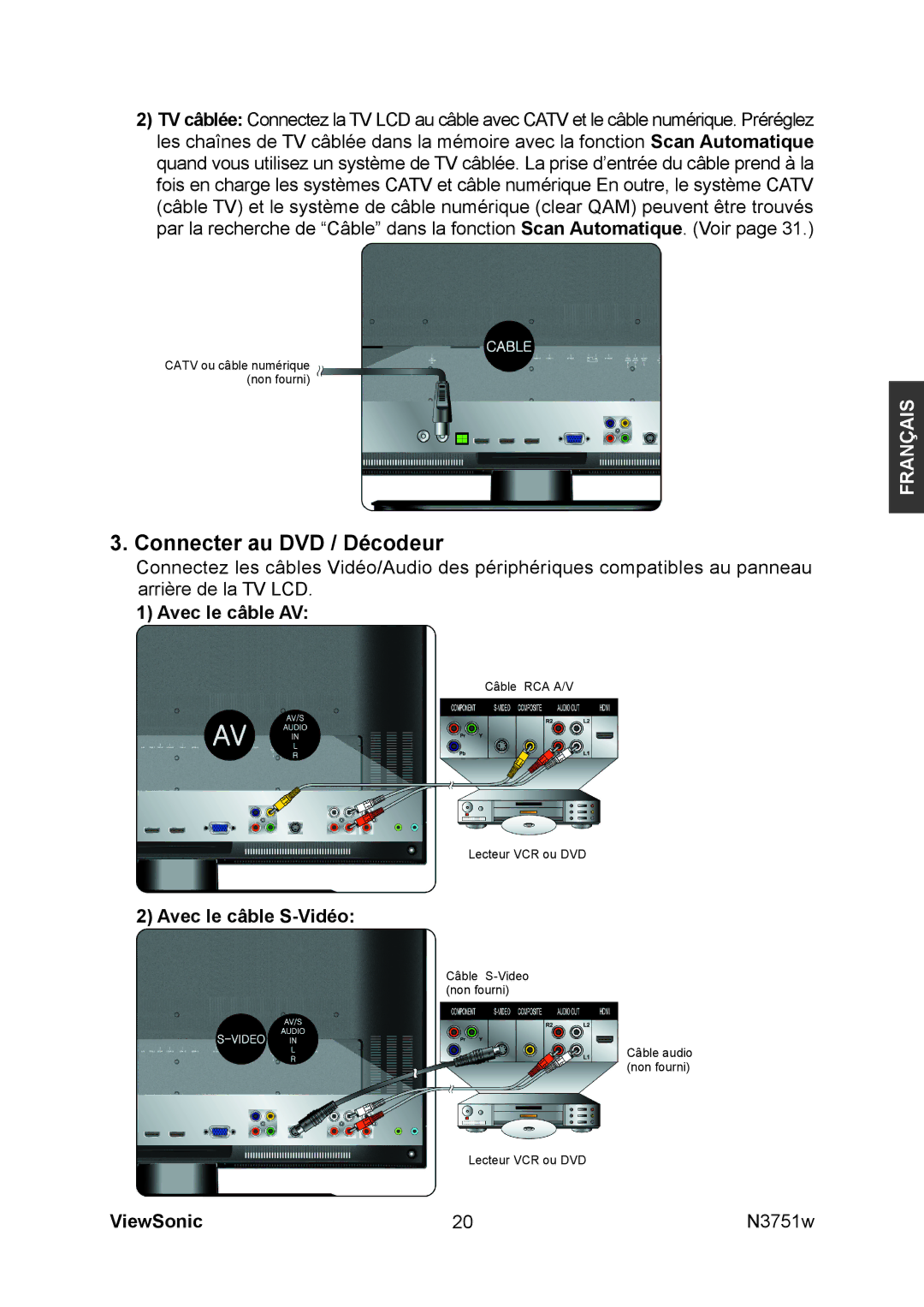 ViewSonic N3751W manual Connecter au DVD / Décodeur, Avec le câble AV, Avec le câble S-Vidéo 