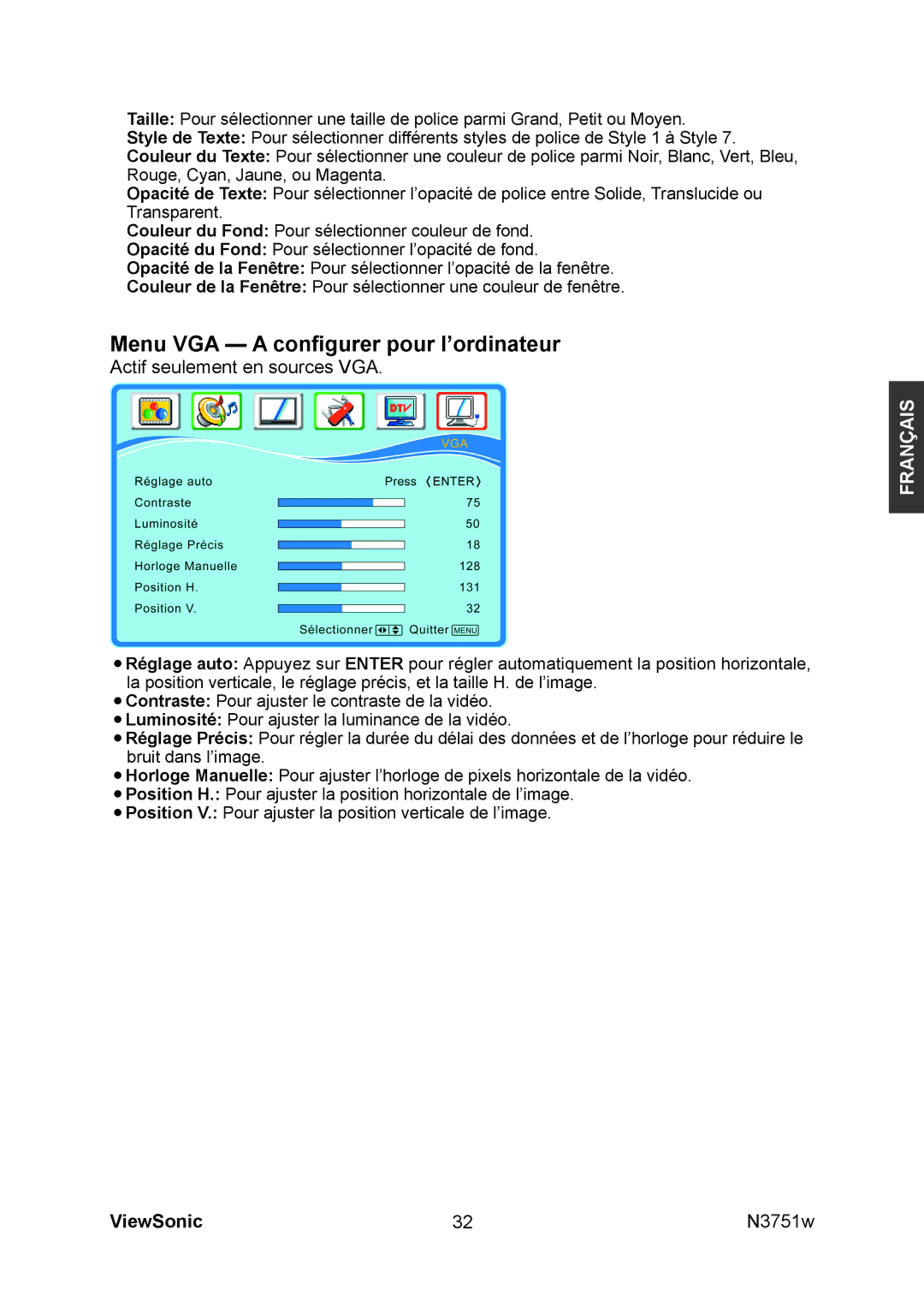 ViewSonic N3751W manual Menu VGA a conﬁgurer pour l’ordinateur 