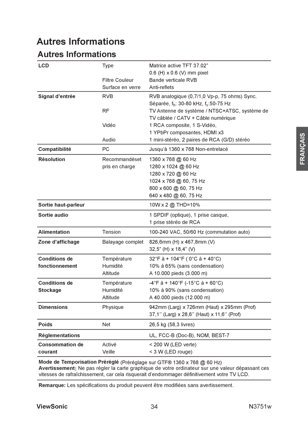 ViewSonic N3751W manual Autres Informations 