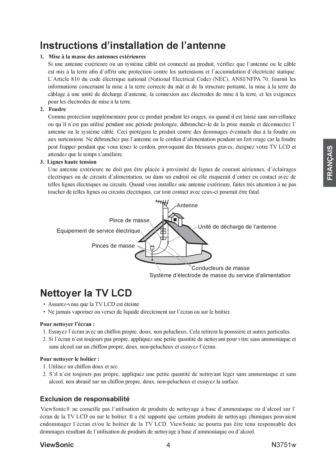 ViewSonic N3751W manual Instructions d’installation de l’antenne, Nettoyer la TV LCD, Exclusion de responsabilité 