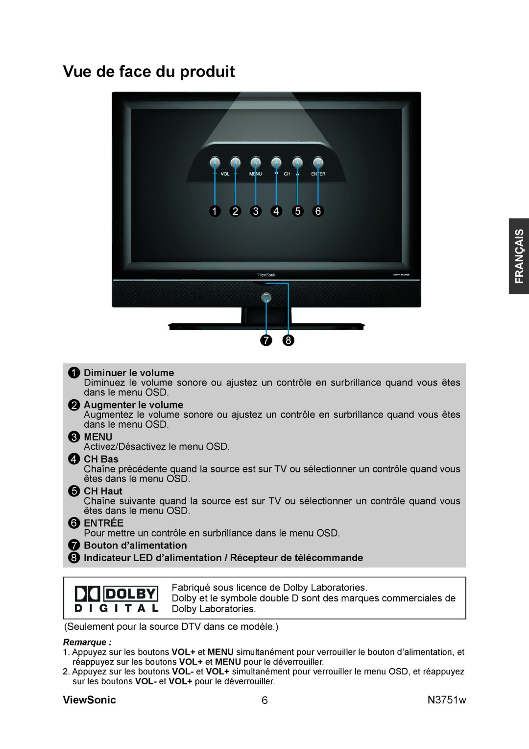 ViewSonic N3751W manual Vue de face du produit, Diminuer le volume, Augmenter le volume, CH Bas, CH Haut 