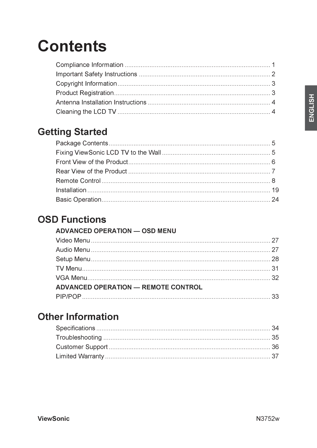 ViewSonic N3752w manual Contents 