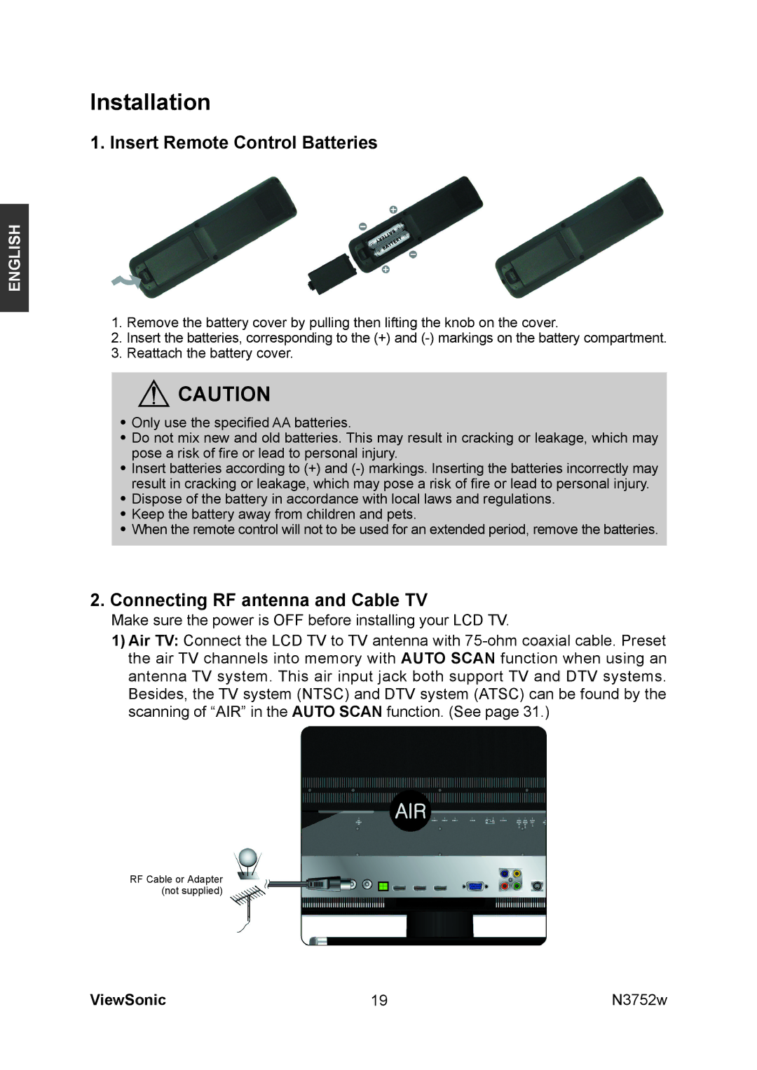 ViewSonic N3752w manual Installation, Insert Remote Control Batteries, Connecting RF antenna and Cable TV 