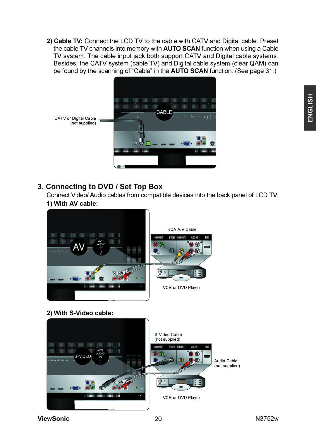 ViewSonic N3752w manual Connecting to DVD / Set Top Box, With AV cable, With S-Video cable 