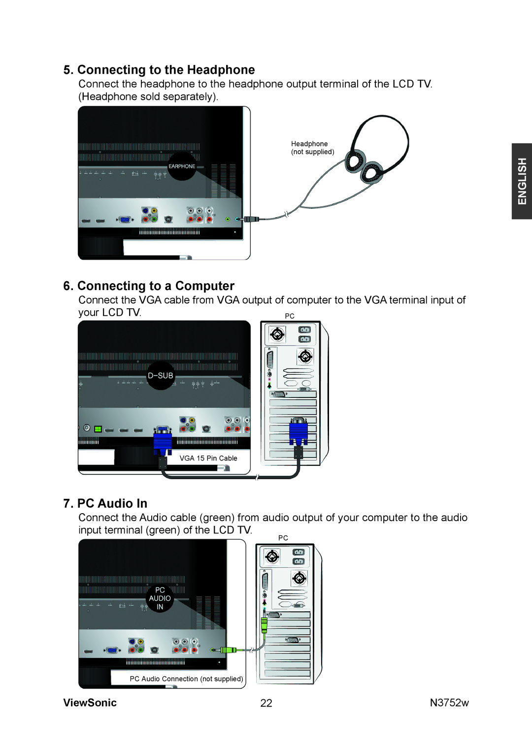 ViewSonic N3752w manual Connecting to the Headphone, Connecting to a Computer, PC Audio 