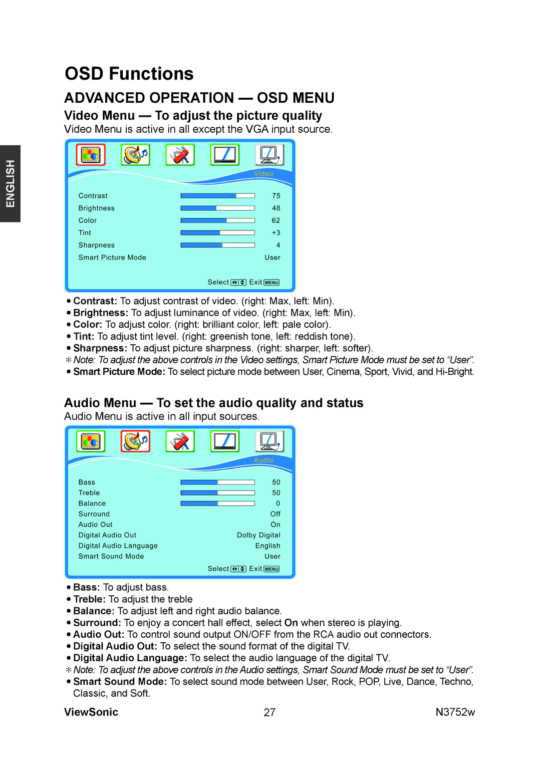 ViewSonic N3752w manual Video Menu To adjust the picture quality, Audio Menu To set the audio quality and status 