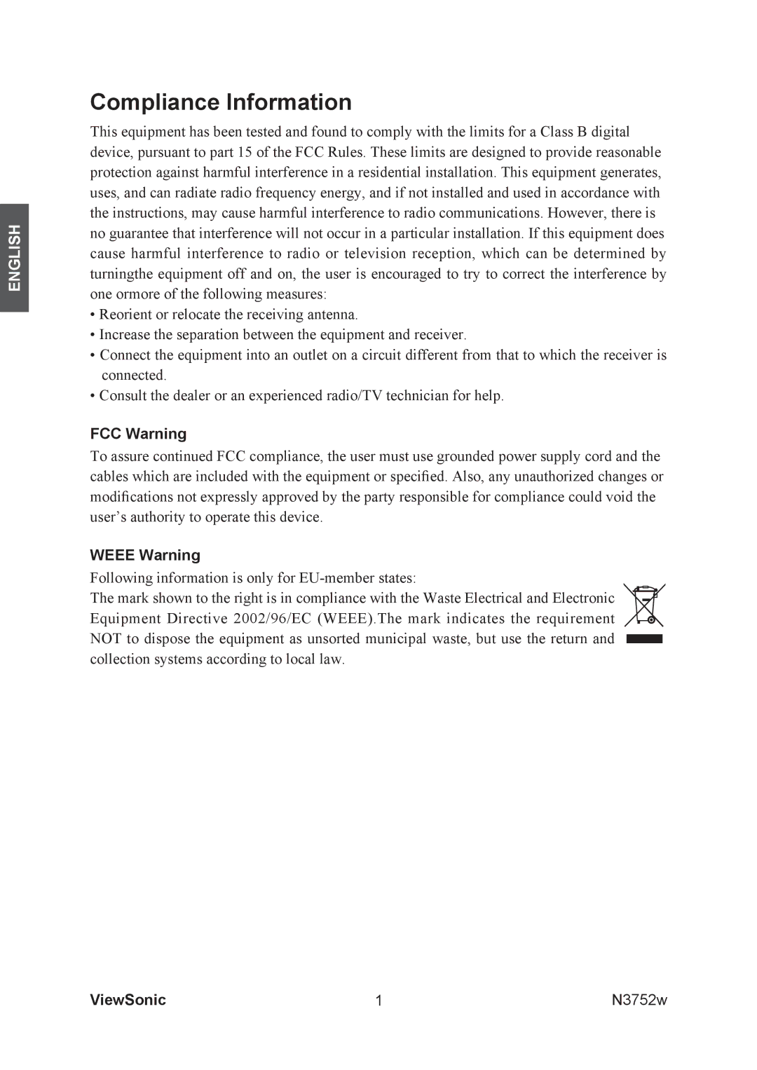 ViewSonic N3752w manual Compliance Information, FCC Warning, Weee Warning 