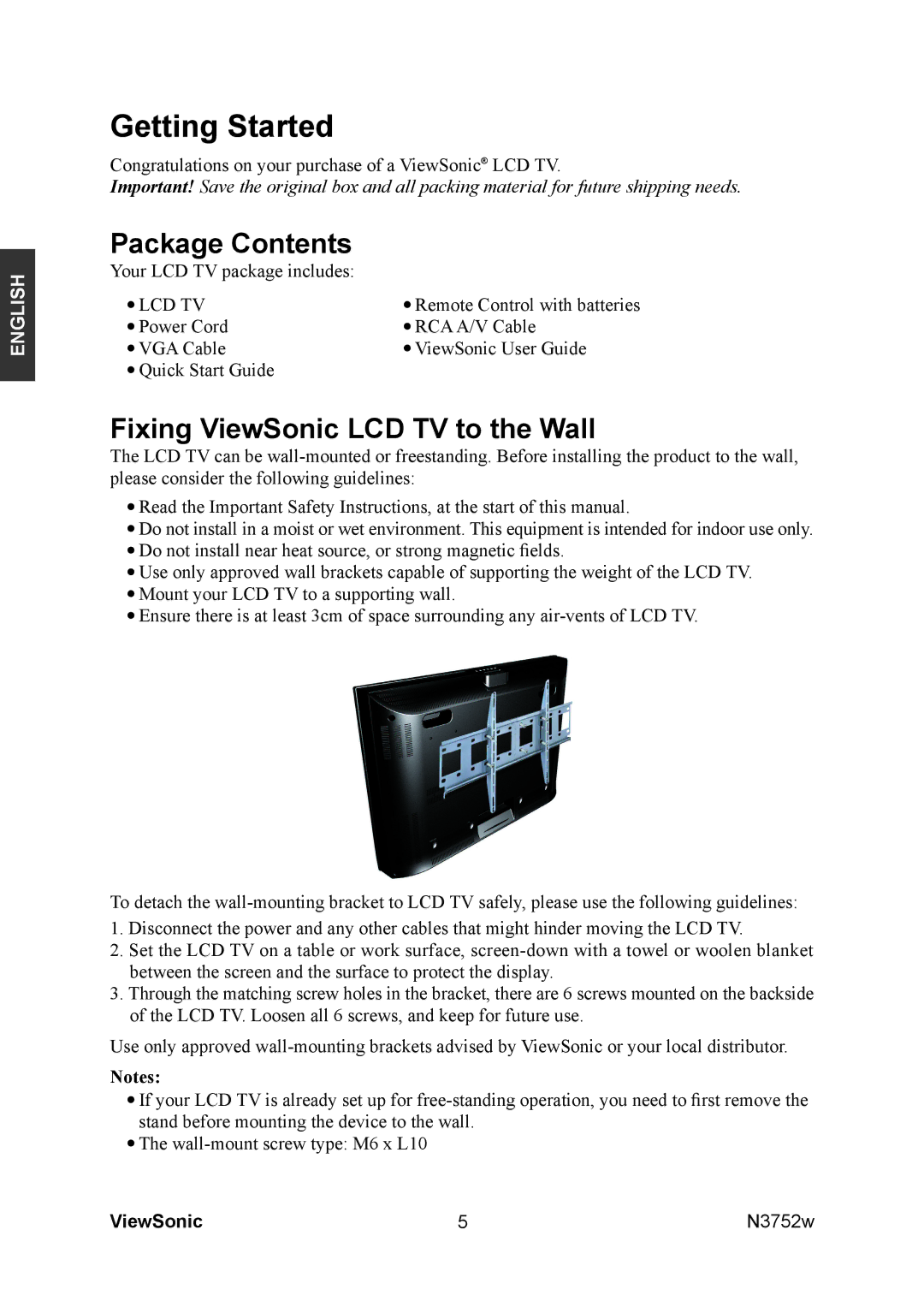 ViewSonic N3752w manual Package Contents, Fixing ViewSonic LCD TV to the Wall 