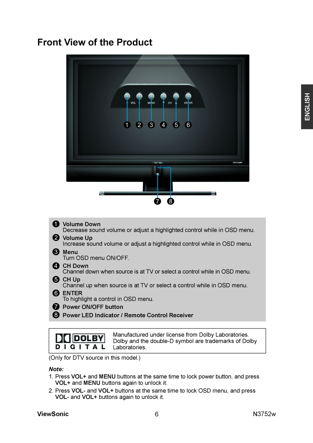 ViewSonic N3752w manual Front View of the Product, Enter 