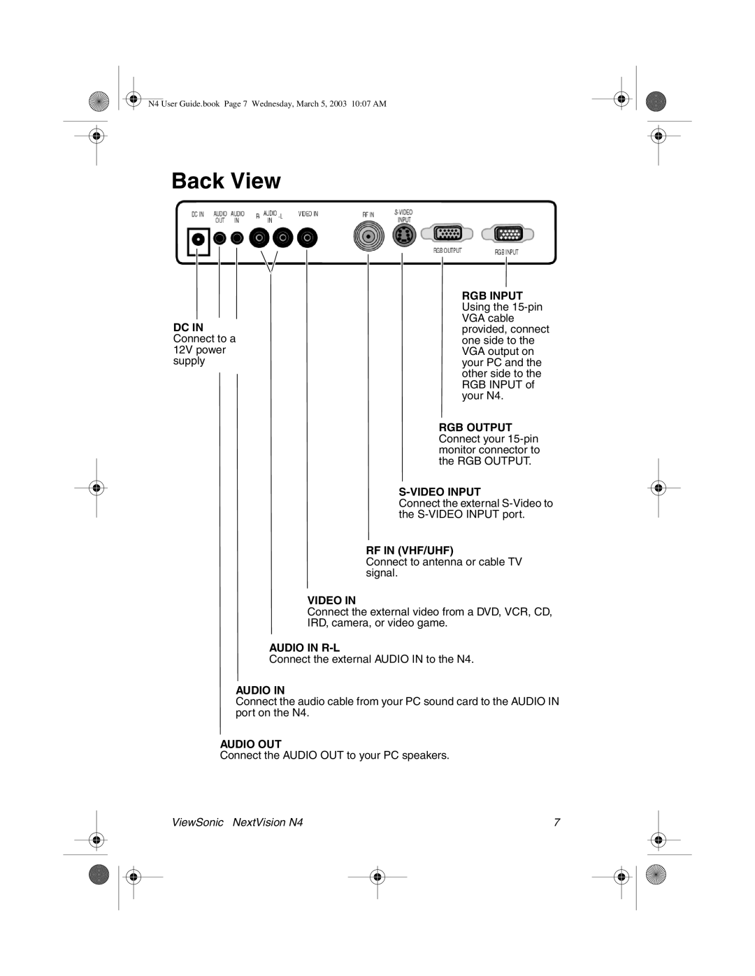 ViewSonic N4 manual Back View, Audio OUT 